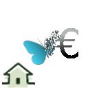 Image composé d' une maison, avec à sa gauche un papillon dont l' aile droite se décompose de façon artistique en plusieurs petits papillons, et aussi d' une icone de la monnaie européenne.