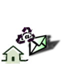 Icone graphique composée d' une petite maison, avec à droite en vue perpective de gauche, une enveloppe combinée à un symbole de recyclage doté d' un arobase en son centre.