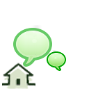 Image composée d' une maison avec lègerement de dessus et de coté, deux bulles de dialogues de couleur vertes, celle de gauche étant la plus grande.