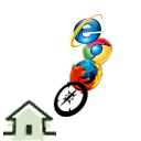 Icone graphique composée d' une petite maison, avec à droite en vue perpective le E symbole d' internet d' une page web.
