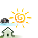 Image d' une maison avec à ses coté un soleil, un nuage et une boussole.