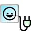 Icone representant une prise de courant souriante en dégrandé bleu blanc, souriante, avec en sa bouche un cable de branchement.