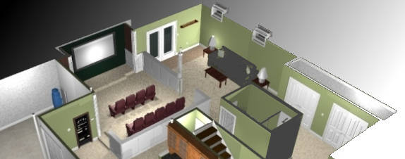 Image d'un interieur en trois dimension, vue subjective de gauche et de dessus à 45°, réalisé avec le logiciel sweet home 3d, de type loft, composé d' un espace central, comprennant une salle de cinema, neuf sièges divisés en deux rangés, sont disposés face à l' ecran, à gauche, un local en L, et à droite un salon faisant toute la longeur de l' étage, un escalier situé avant la salle de projection permet l' accés à l' étage.