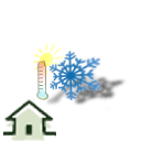 Image d' une maison avec à ses cotés un ensemble de un thermomètre, une mollecule de neige et un soleil.